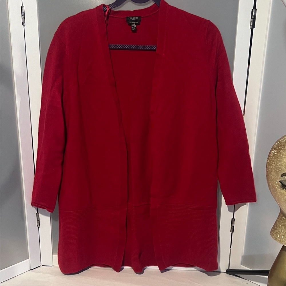 Talbots petite XL open front red cardigan merino wool